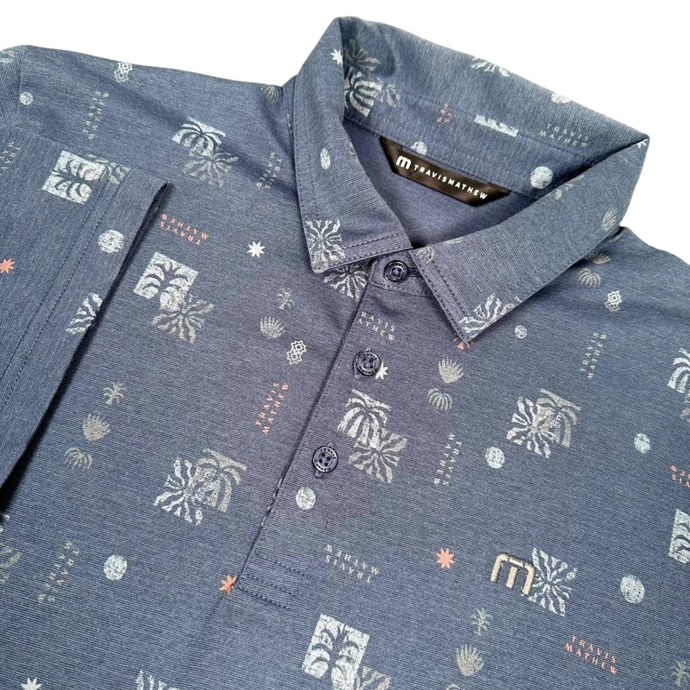 TravisMathew Polo Shirt Mens Large Blue Palm Tree Print Short Sleeve
